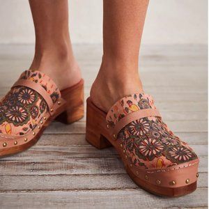 Free People Floral Embroidered Mules - Pink and Brown